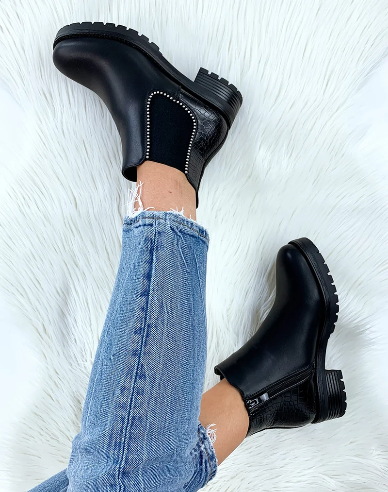 Bottines noires lisse et effet croco à clou