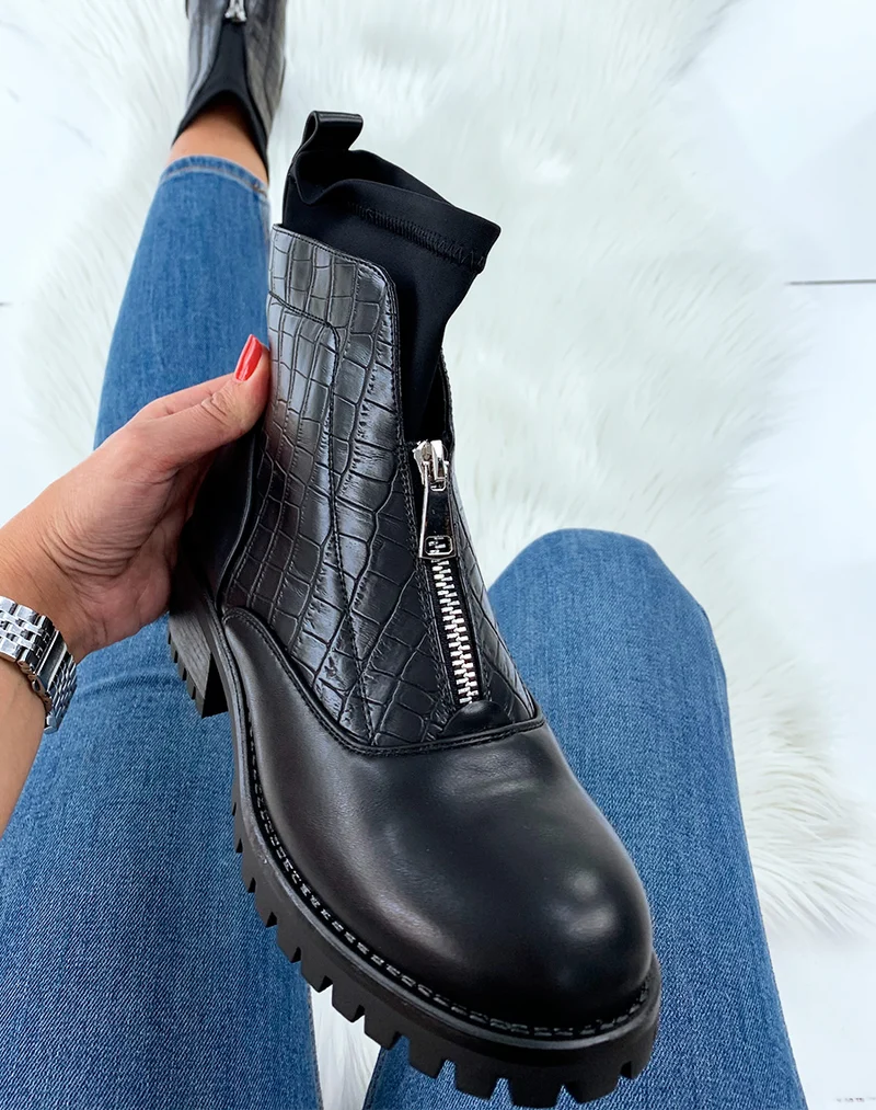 Bottines noires bi-matières effet chaussette