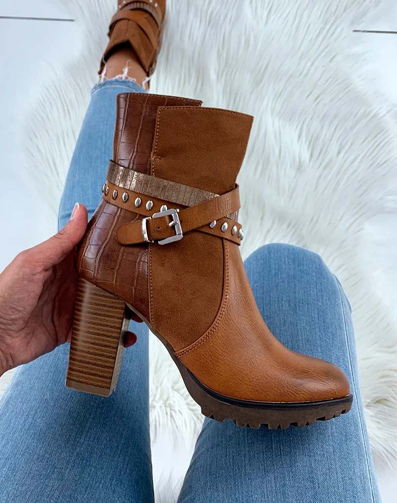 Bottines en bi-matières camel à talons et multiples lanières entrecroisées