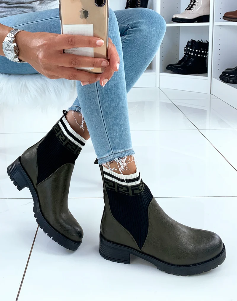 Bottines kaki mat effet chaussettes