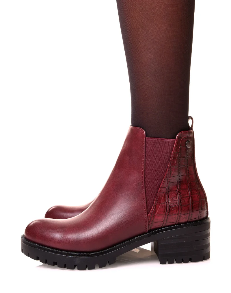Bottines bordeaux bi-matières effet croco et élastique échancré