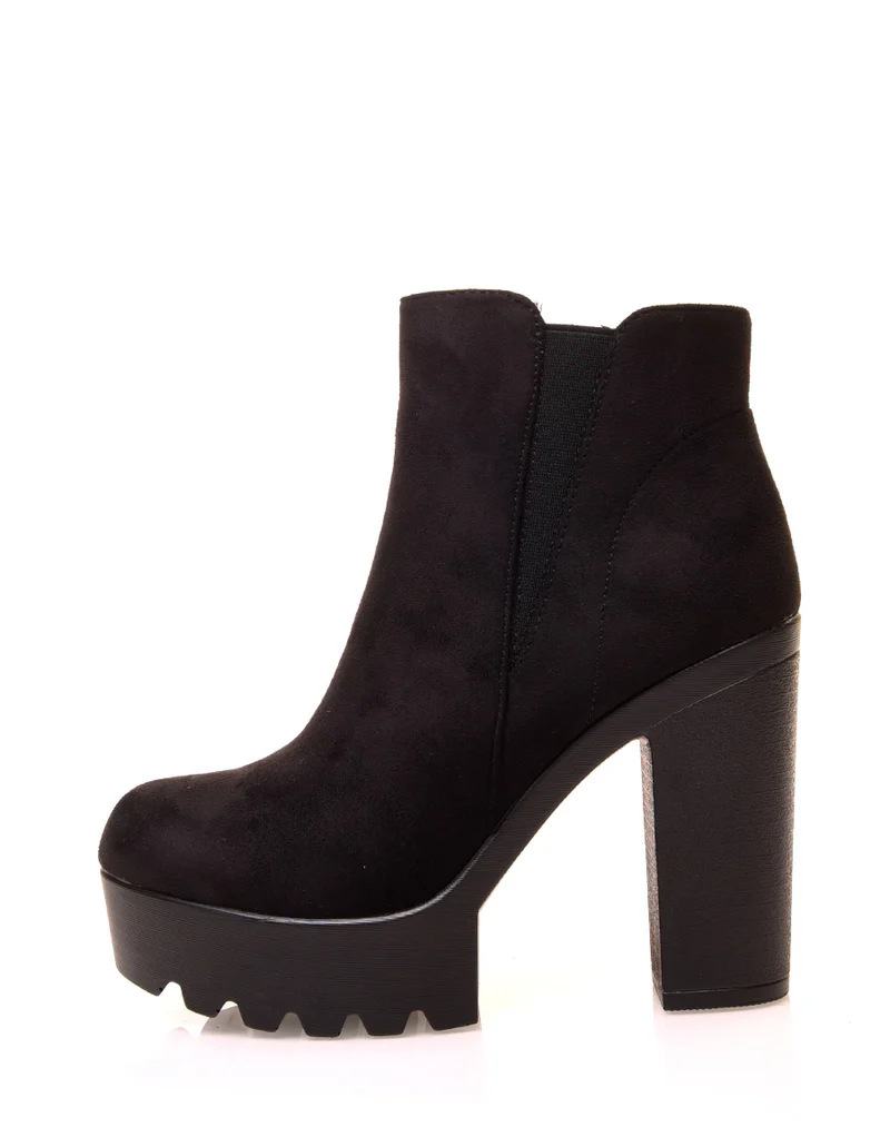 Bottines noires en suédine à talons et élastique échancré