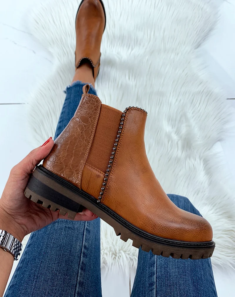 Bottines camel bi-matières avec élastique