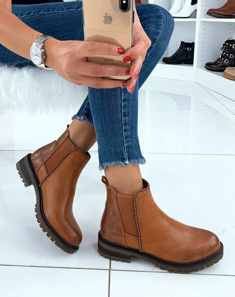 Bottines camel bi-matières avec élastique