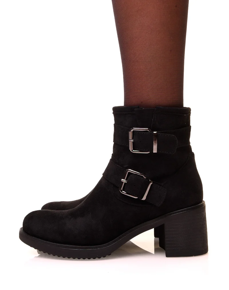 Bottines noires à talons carrés en suédine à sangles
