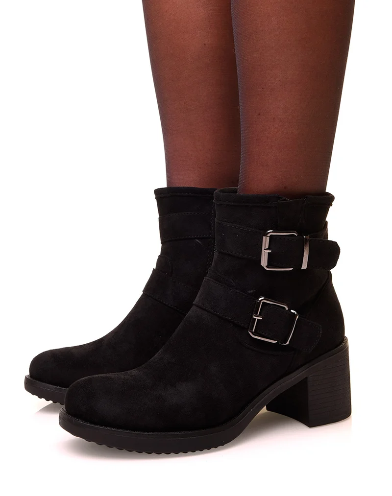 Bottines noires à talons carrés en suédine à sangles