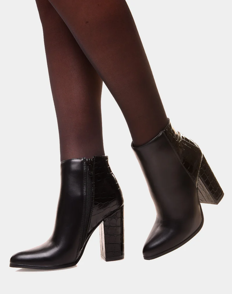 Bottines à talons et à bout pointu bi-matières effet croco vernis