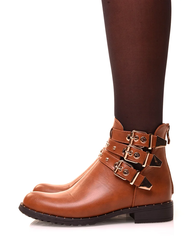 Bottines camel ajourés à sangles dorés