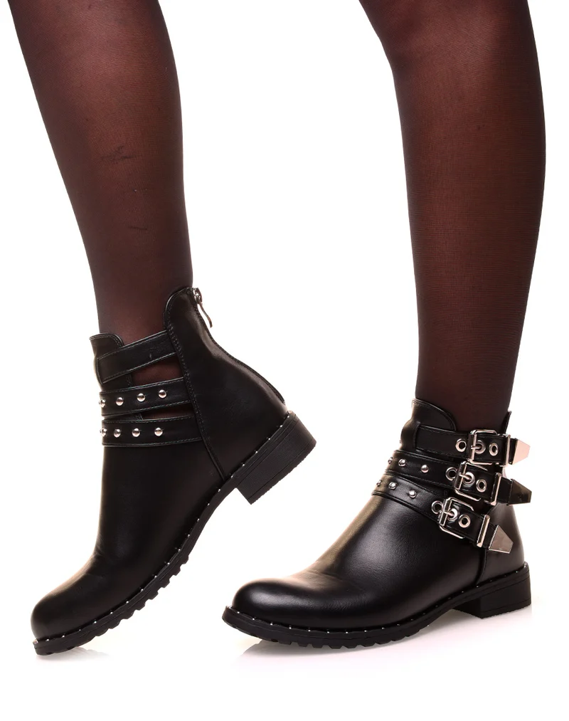 Bottines noires ajourés à sangles dorés
