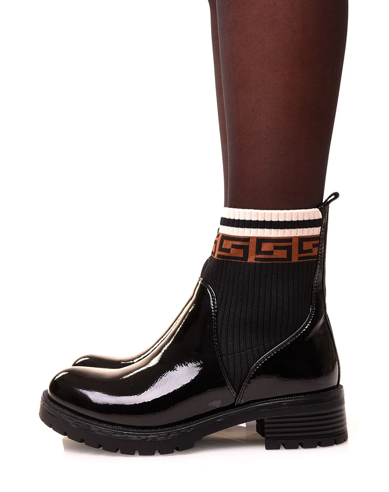 Bottines noires vernis à effet chaussette
