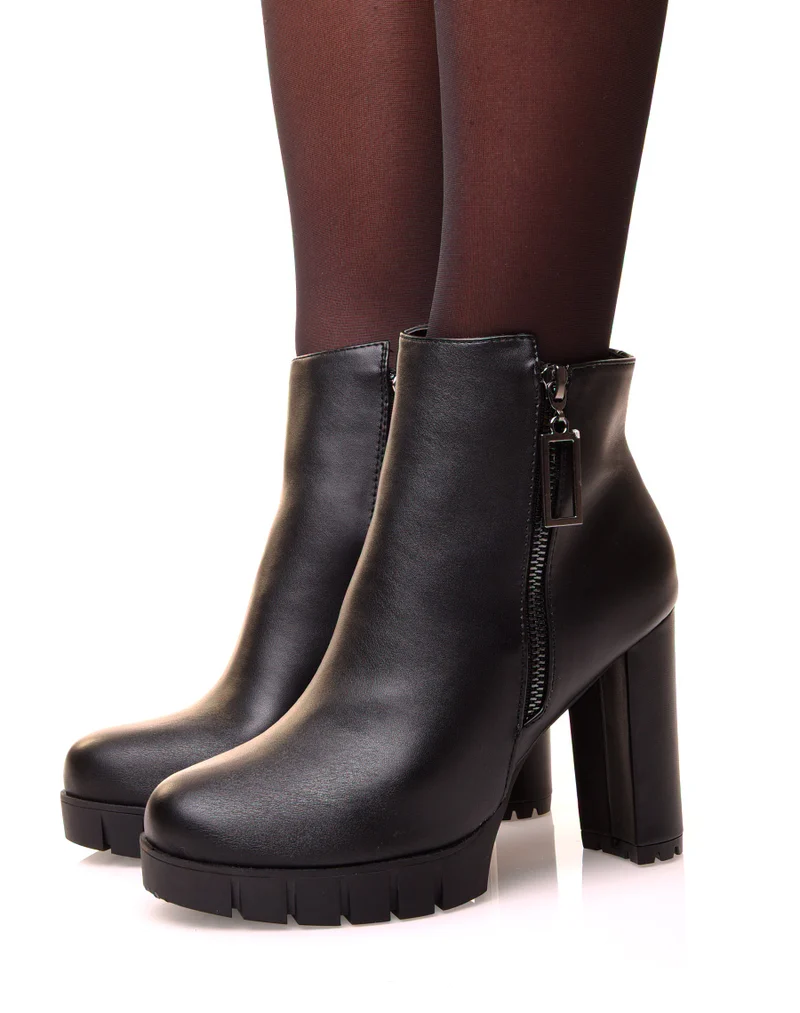 Bottines noires à talon haut à zip décoratif