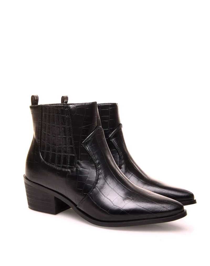 Santiags noires effet croco à talon mi-haut