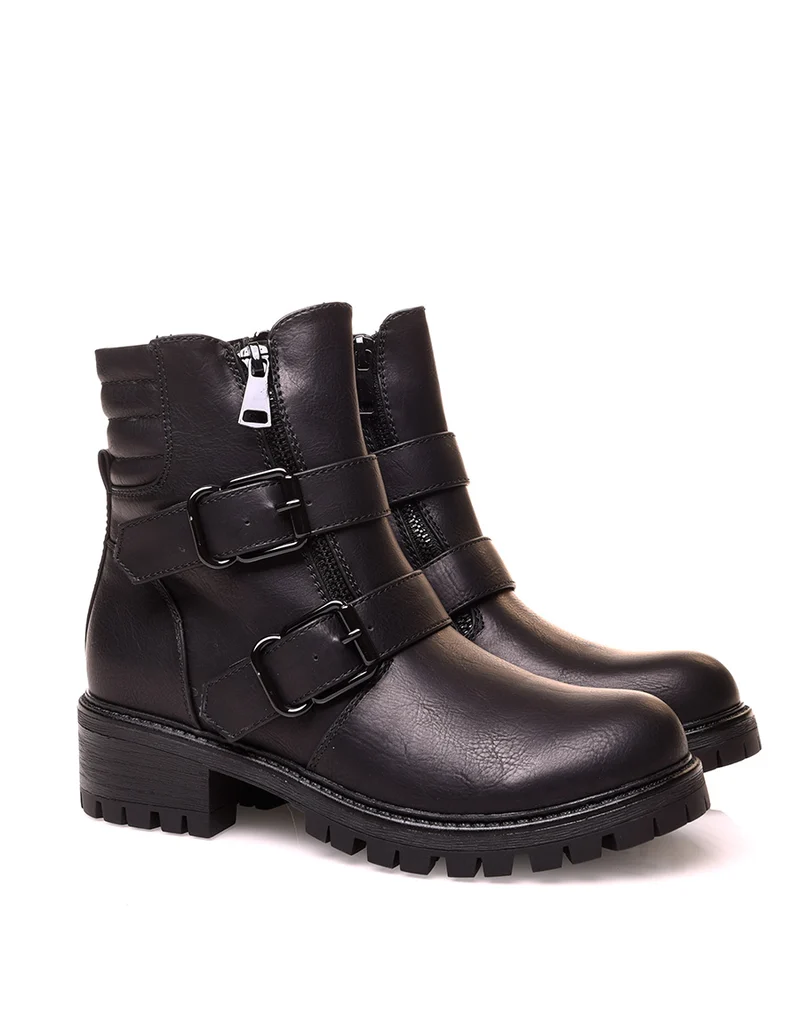 Boots plate noire effet lisse à multiples sangles