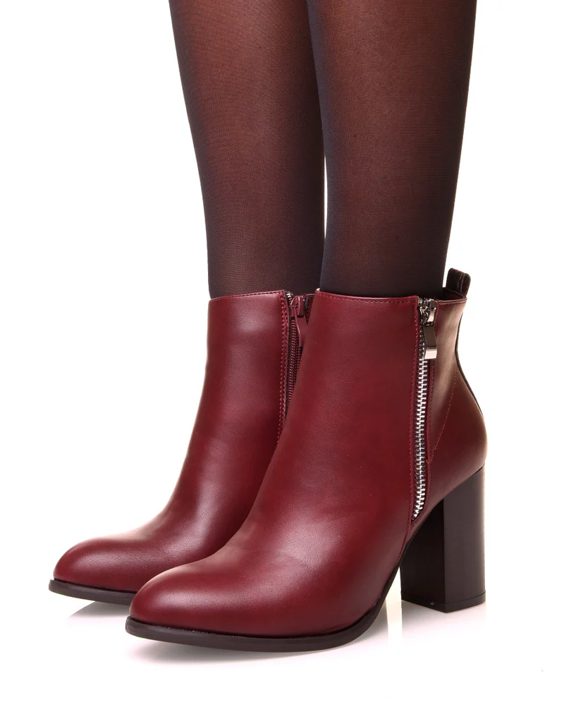 Bottines à talon bi-matière bordeaux