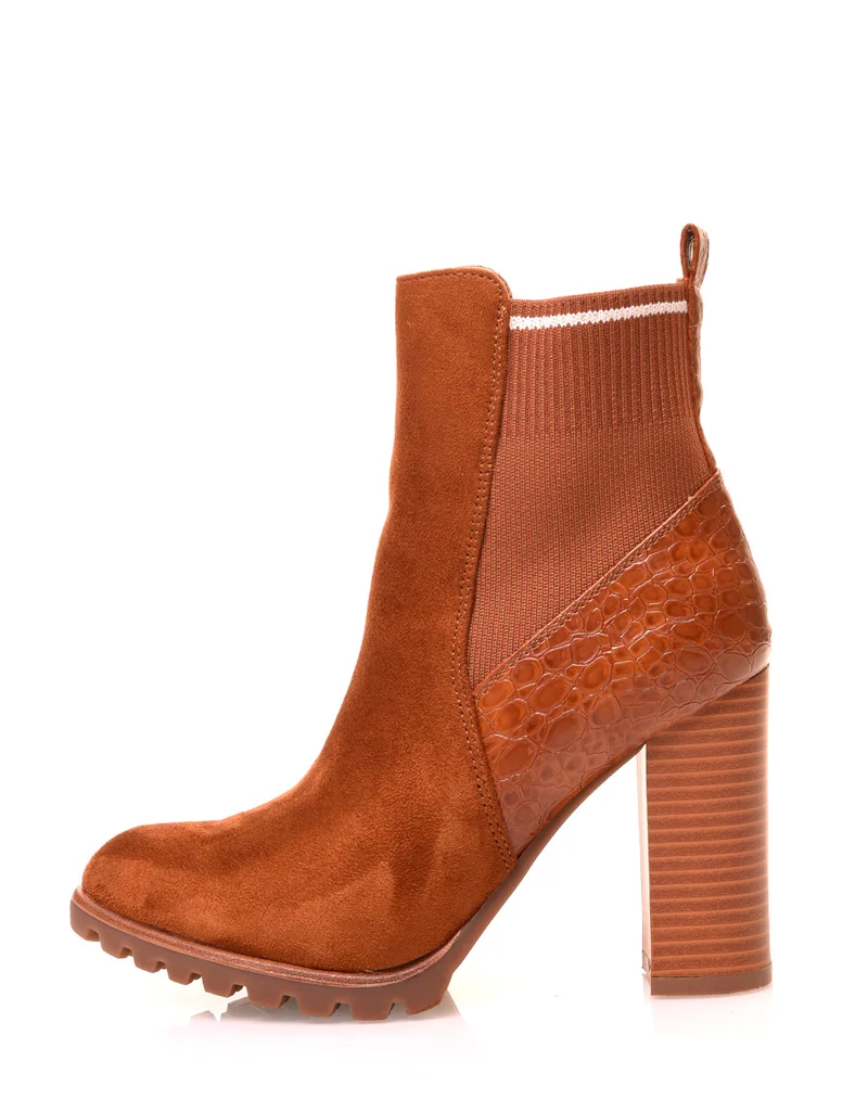 Bottines camel à talons bi-matières à effet chaussette