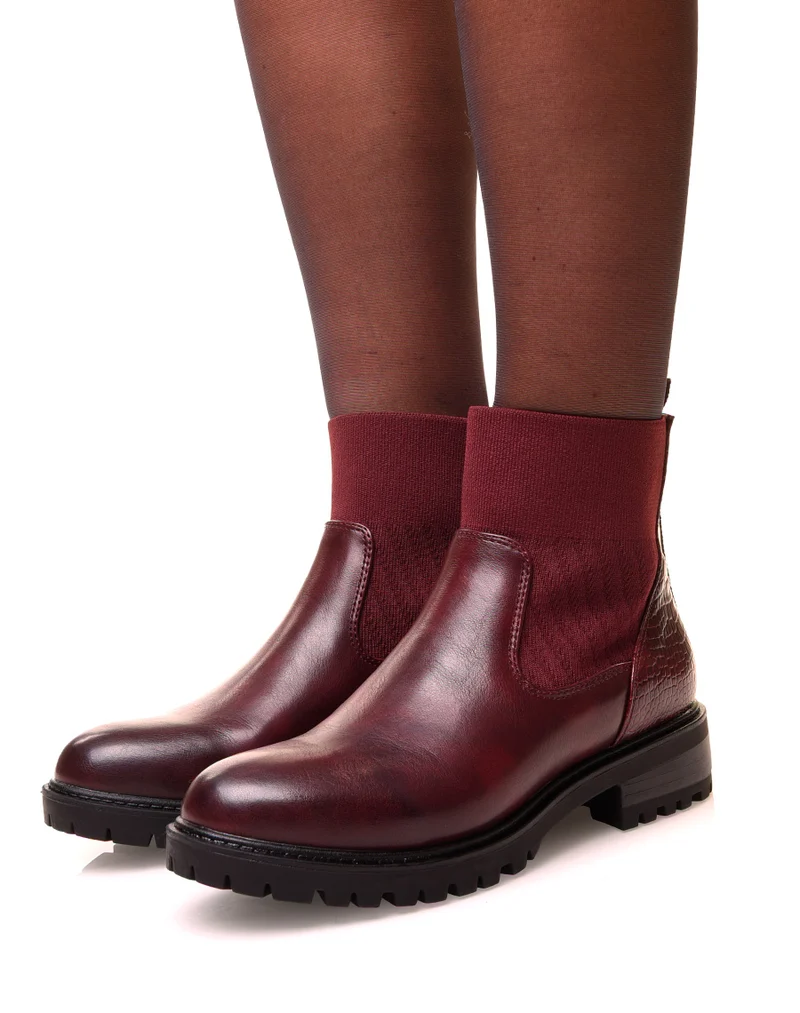 Bottines bordeaux bi-matières à effet chaussette