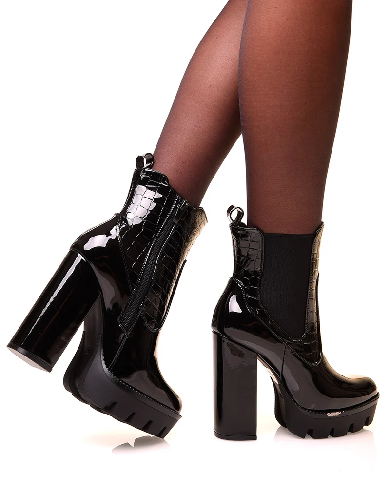 Bottines noires à talons bi-matières effet croco
