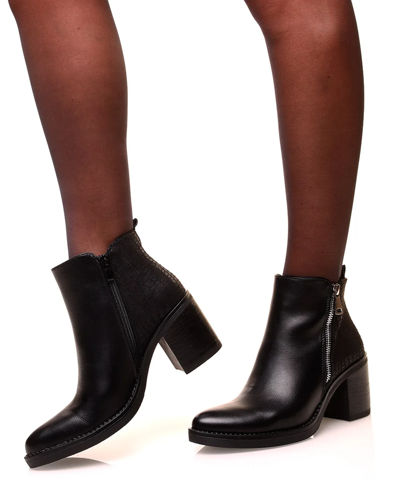 Bottines noires à talons bi-matières suédine