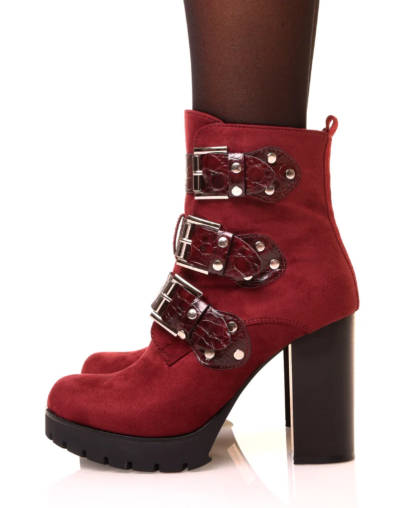 Bottines bordeaux en suédine à lanières croco
