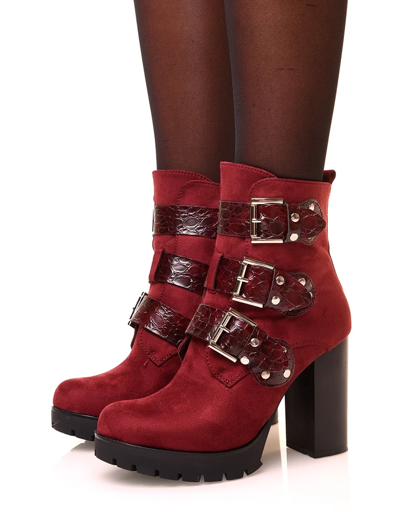 Bottines bordeaux en suédine à lanières croco
