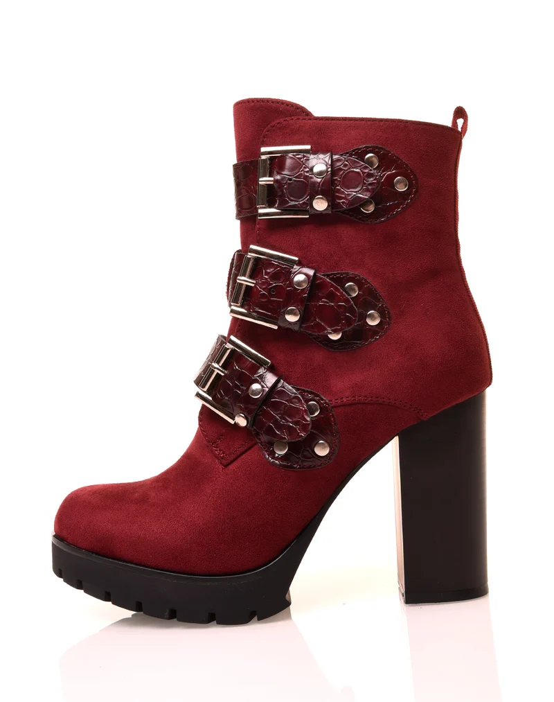 Bottines bordeaux en suédine à lanières croco