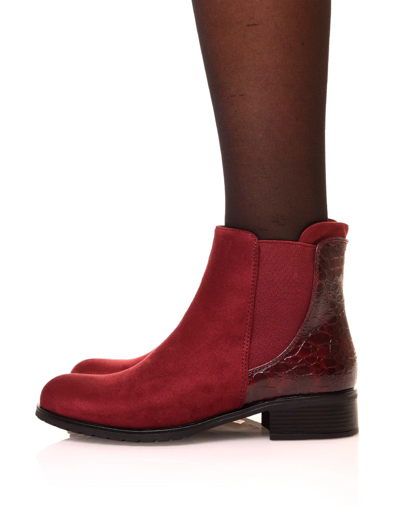 Bottines en suédine bordeaux à effet croco
