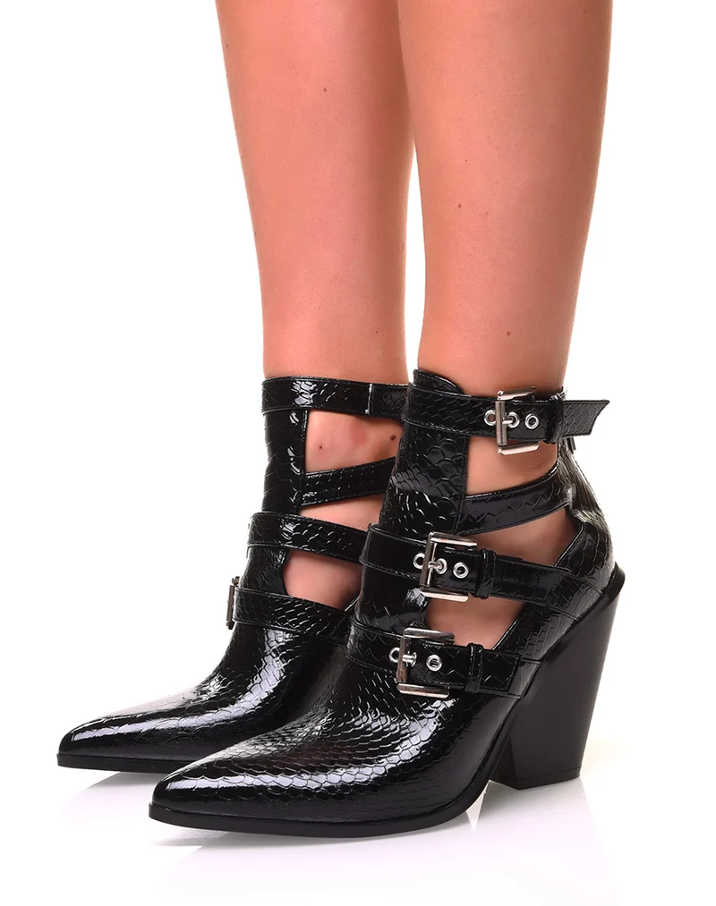 Santiags noires ouverte effet croco