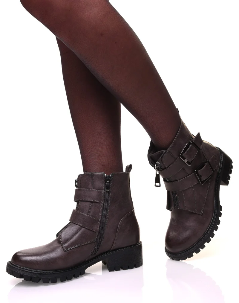 Bottines montantes grises à fermetures éclaires