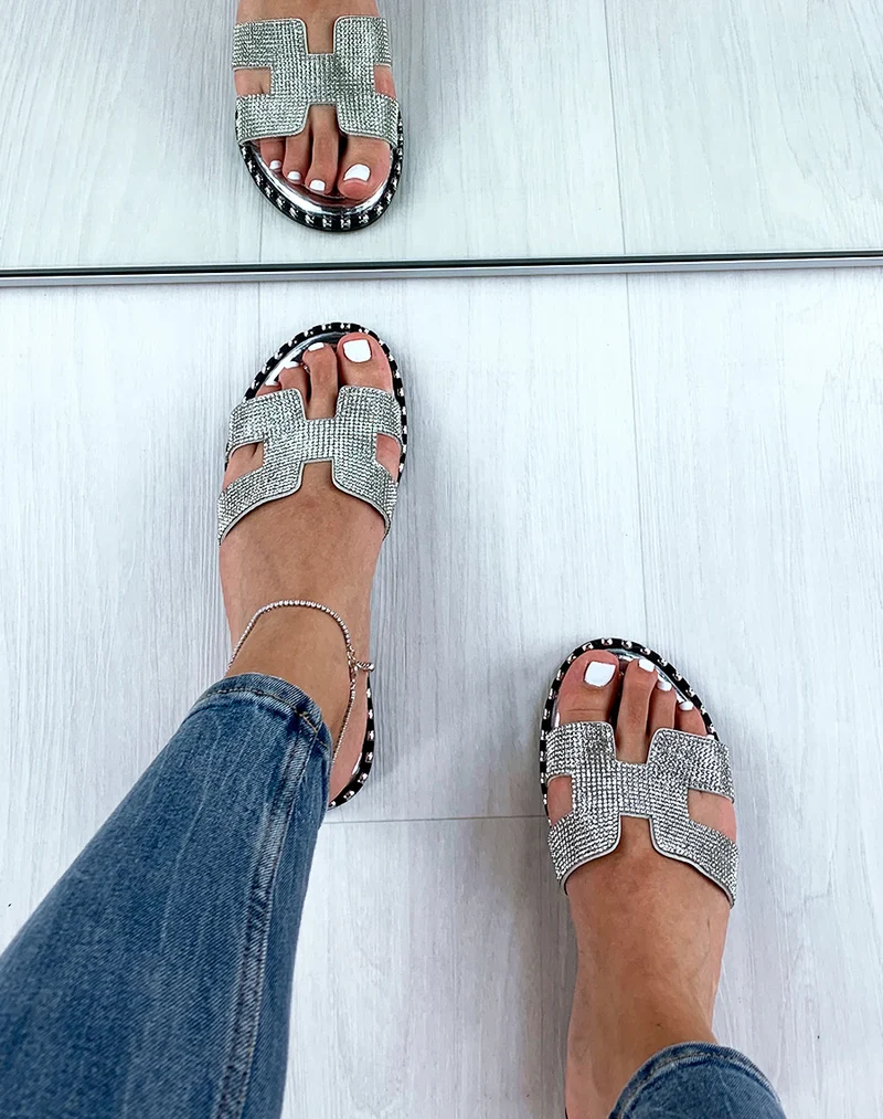 Mules argentées à strass