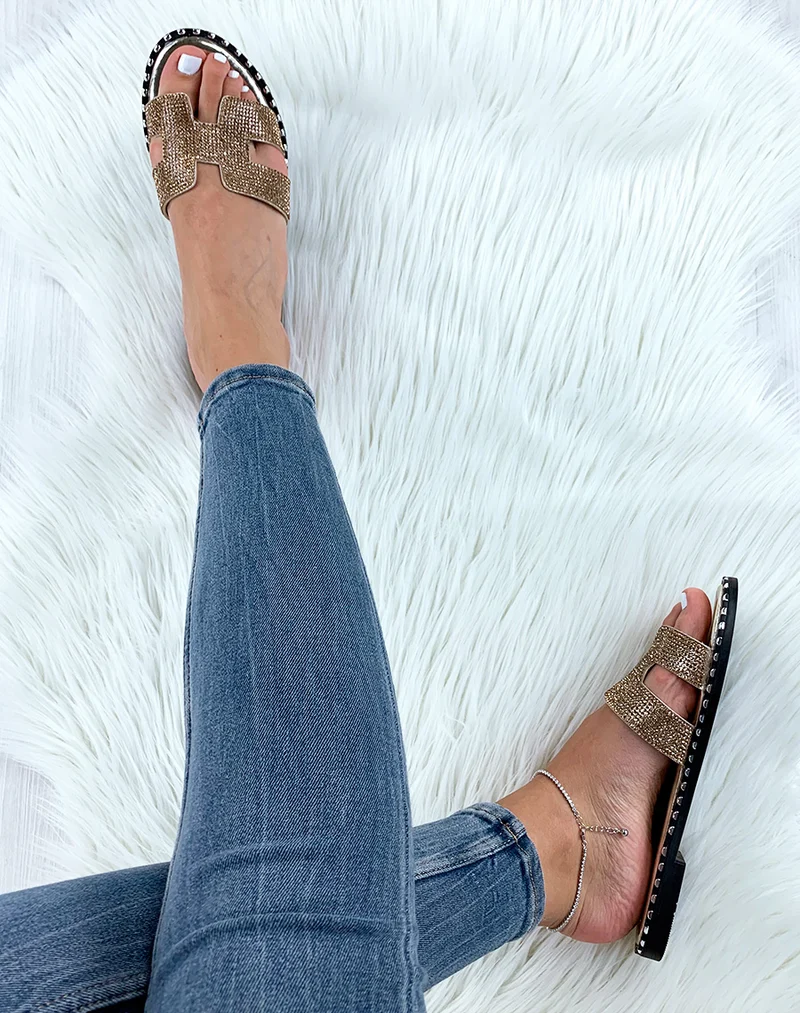 Mules dorées à strass