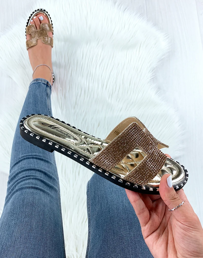 Mules dorées à strass