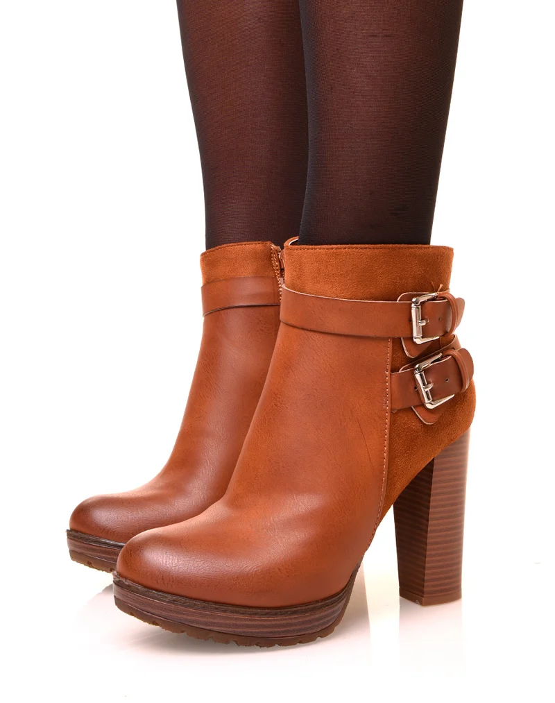 Bottines camel à talons bi-matières