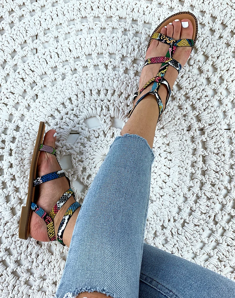 Sandales plates multicolore brides python