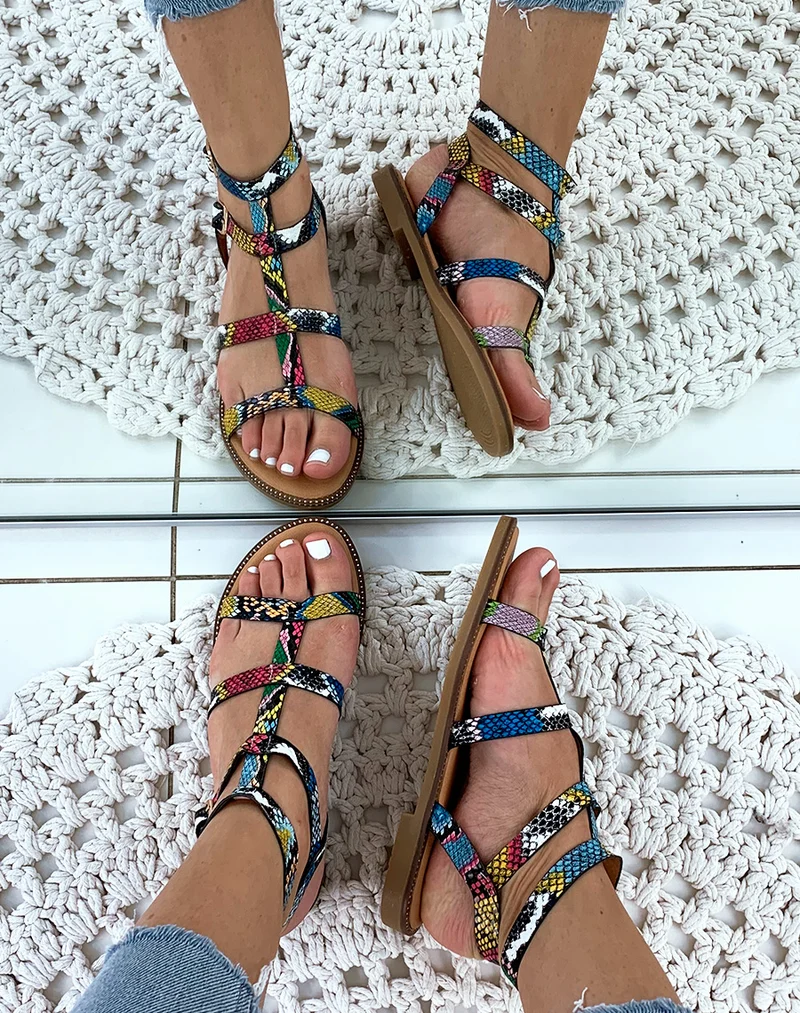 Sandales plates multicolore brides python