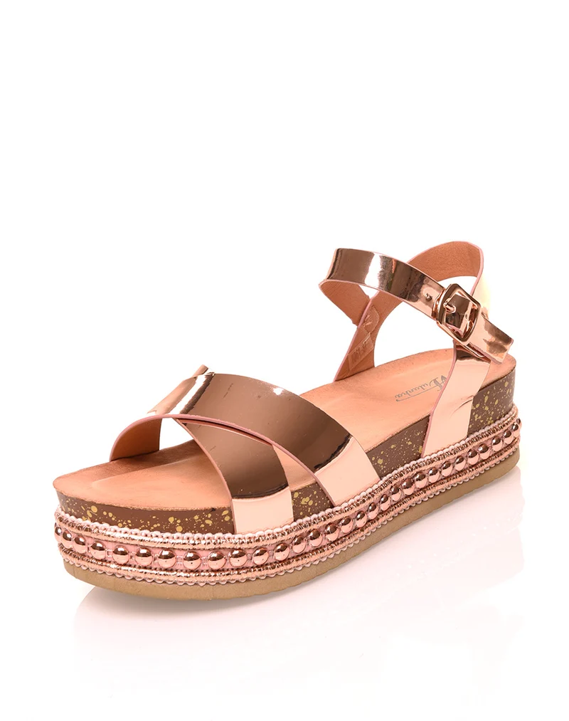 Sandales compensées rose gold effet métallique