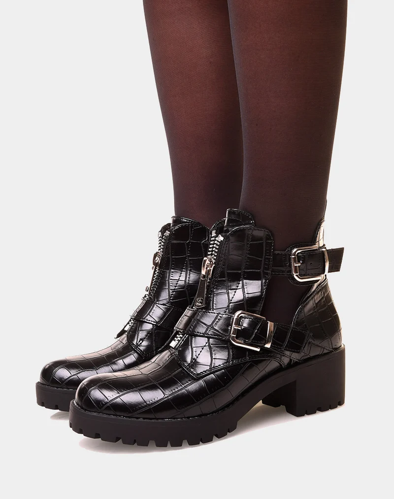 Bottines noires ouvertes à double lanières effet croco