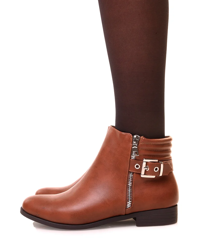 Bottines camel basses à zip décoratif