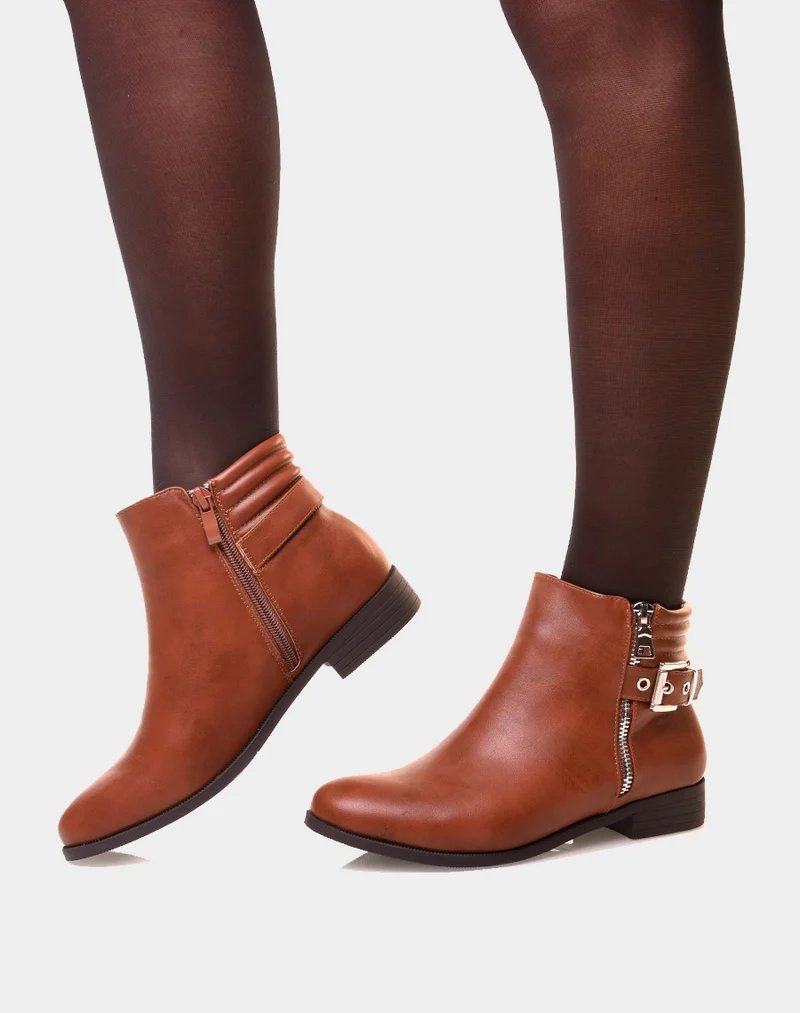 Bottines camel basses à zip décoratif