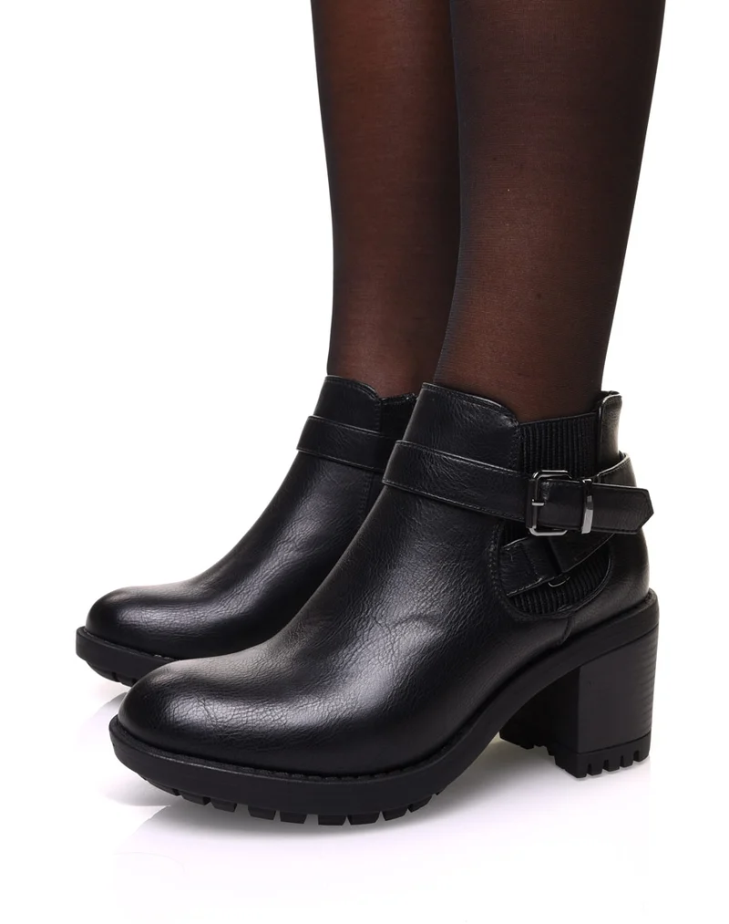 Bottines noires grainées à talon élastique rayé et sangles