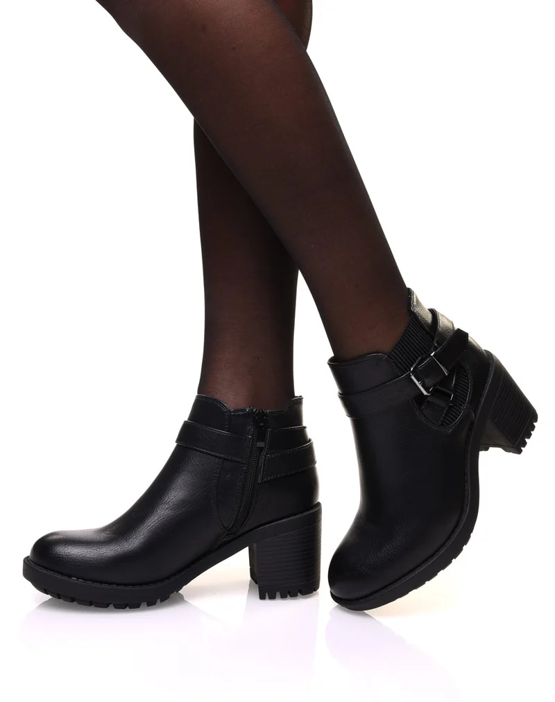 Bottines noires grainées à talon élastique rayé et sangles
