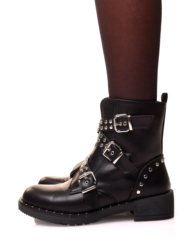 Bottines montantes noires à triples sangles cloutées