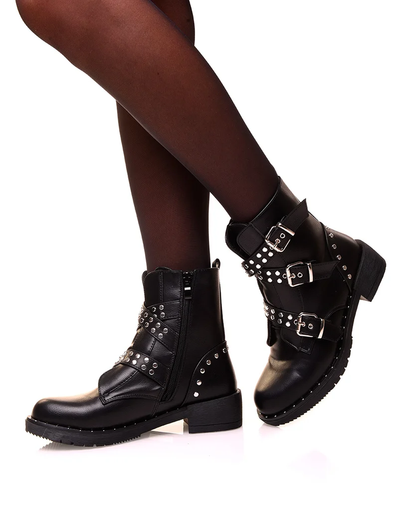 Bottines montantes noires à triples sangles cloutées