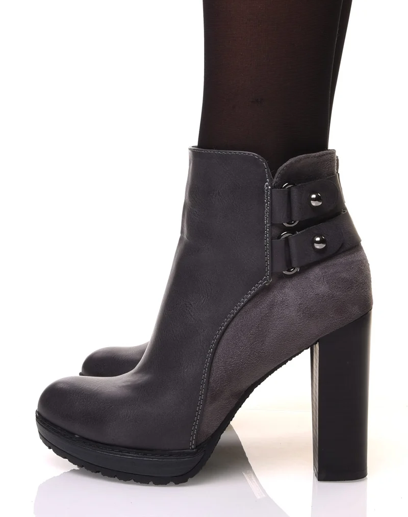 Bottines grises à talons haut bi-matière