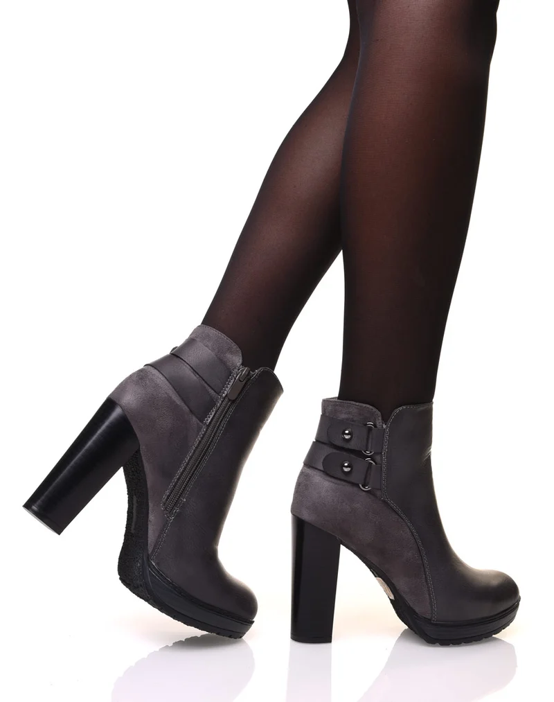 Bottines grises à talons haut bi-matière