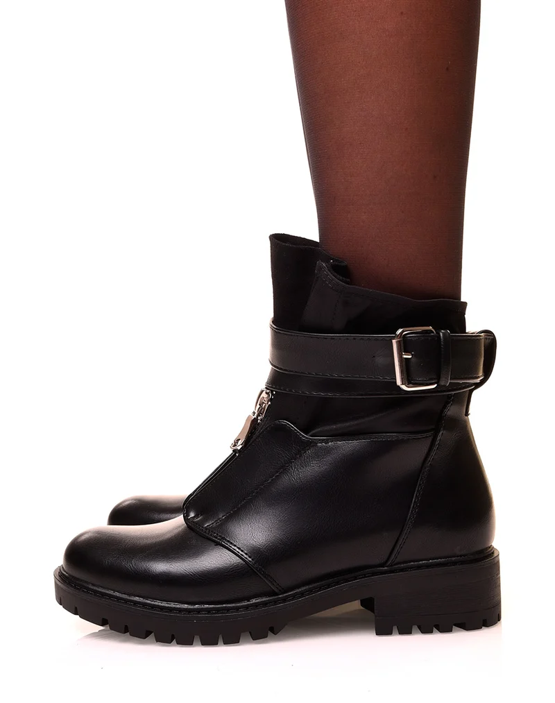 Bottines noires bi matières à sangle entrelacée