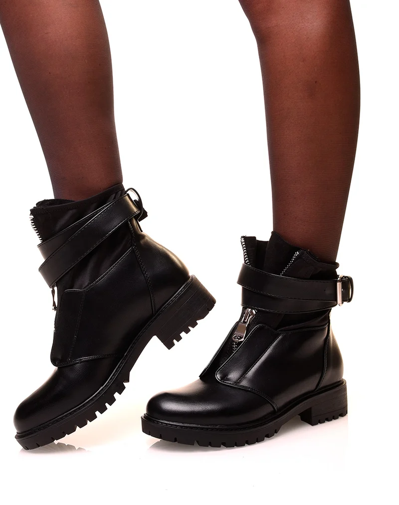 Bottines noires bi matières à sangle entrelacée