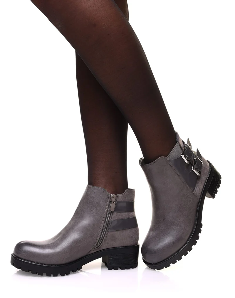 Bottines grises à semelle crantée