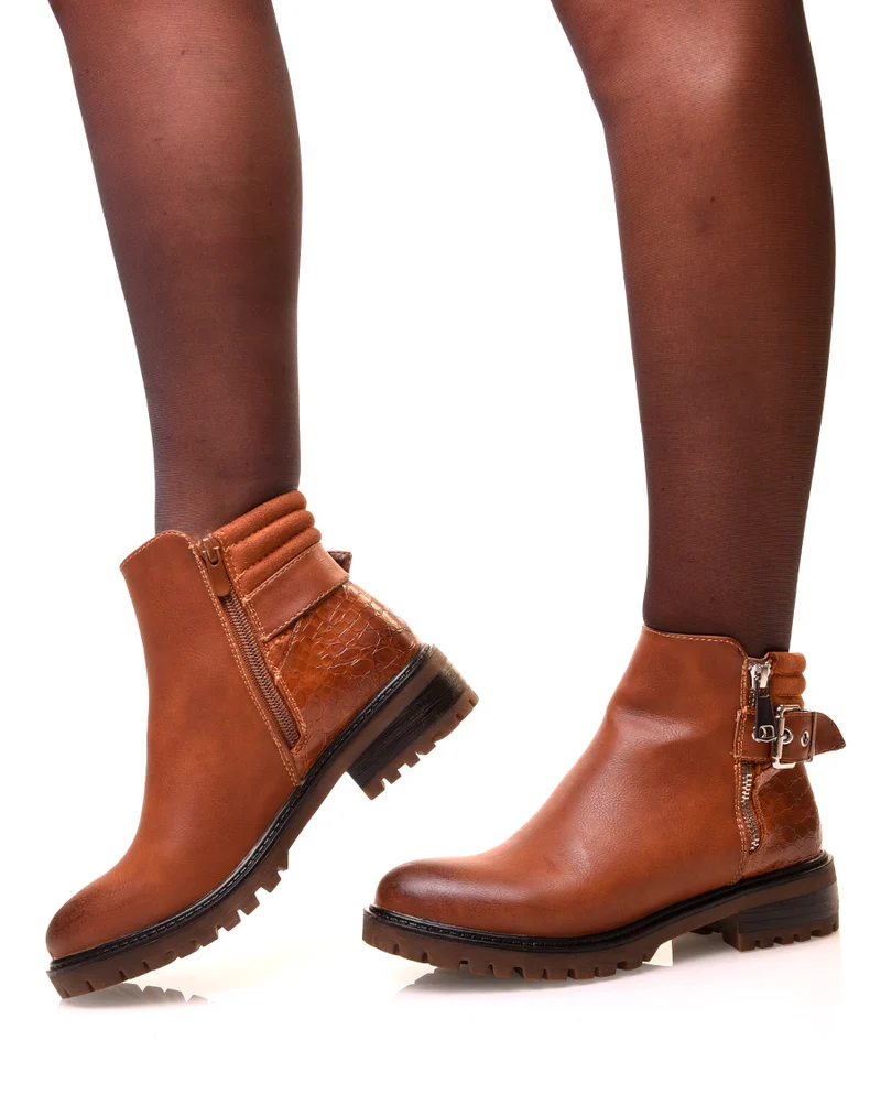 Bottines camel bi-matières avec sangle