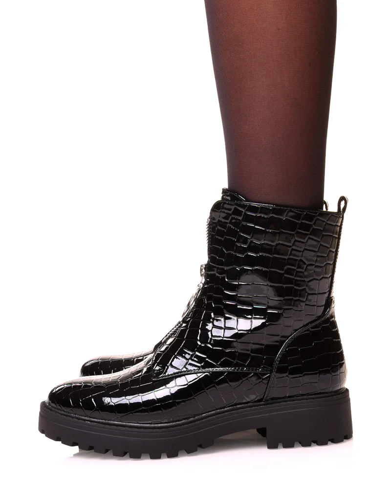 Boots vernis noir à effet croco