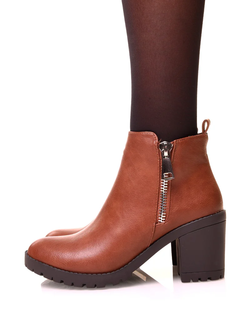 Bottine à talon camel à double zip